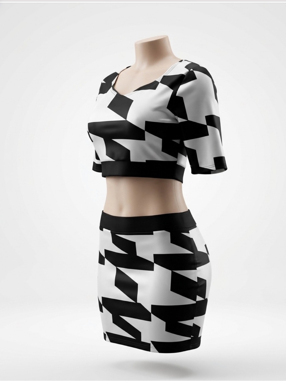 Black & White Geometric Crop Top and Skirt Set